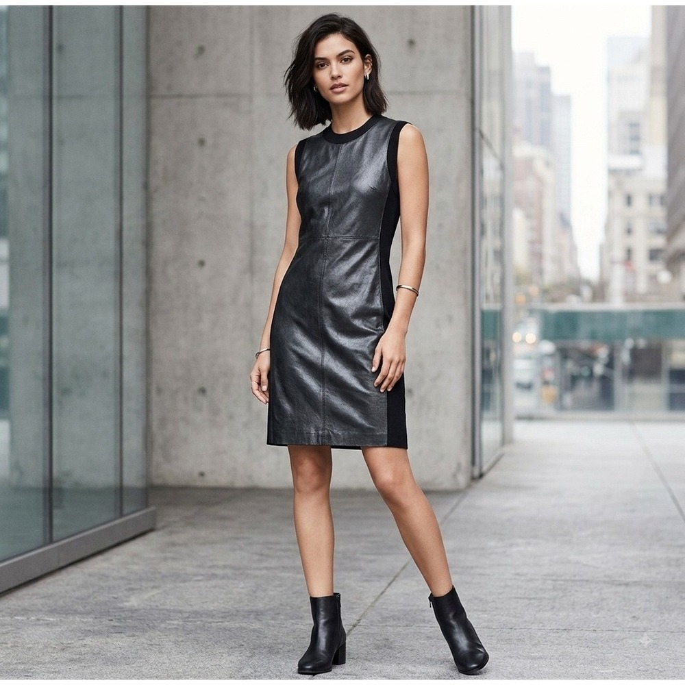 WITCHERY Black Lamb Leather Wool Blend Sleeveless Sheath Dress Size S